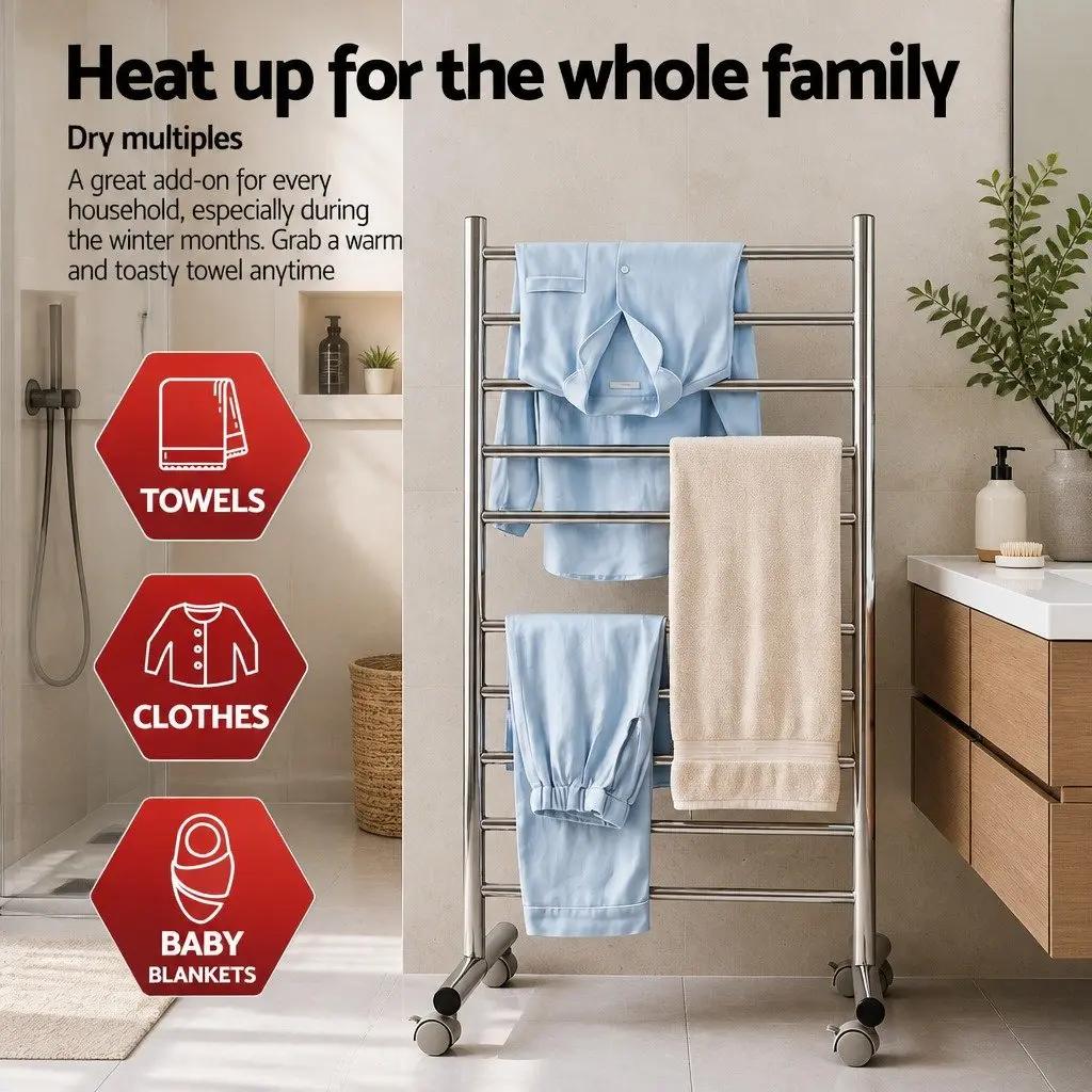 Heated Towel Rail Silver 10-Bar Freestanding Electric Warmer 100W Fast Heating 40-55°C Waterproof Switch