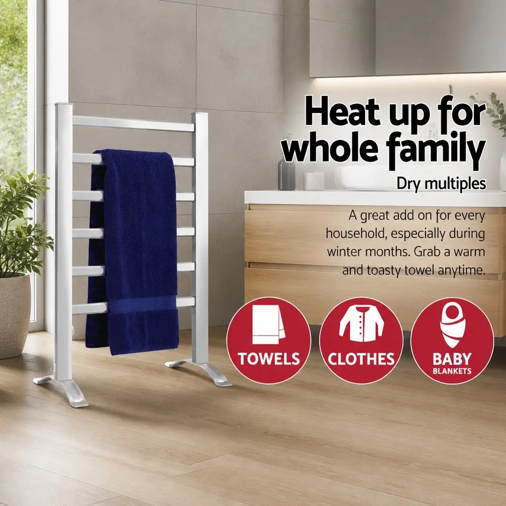 Electric Heated Towel Rail 6 Bars Timer Clothes Drying Rack Warmer Silver