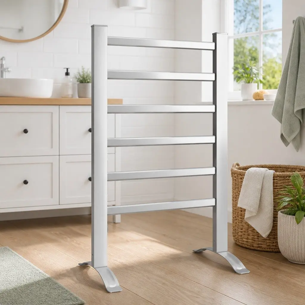 Electric Heated Towel Rail Silver 6 Bars Freestanding Quick Drying Clothes Warmer
