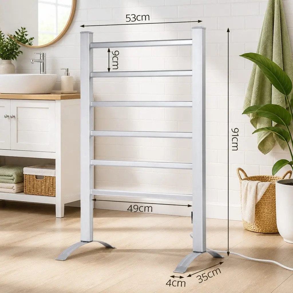 Electric Heated Towel Rail Silver 6 Bars Freestanding Quick Drying Clothes Warmer