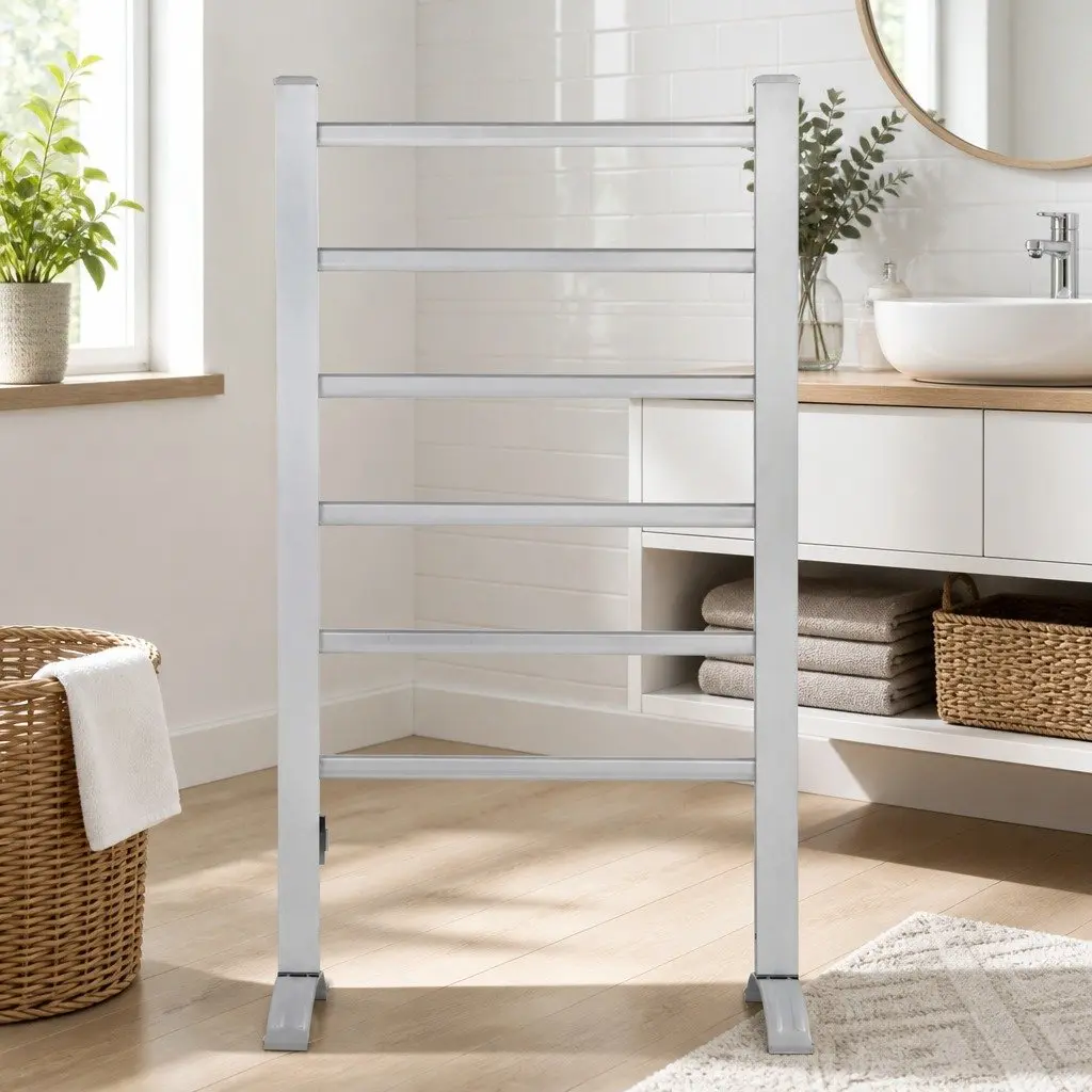 Electric Heated Towel Rail Silver 6 Bars Freestanding Quick Drying Clothes Warmer
