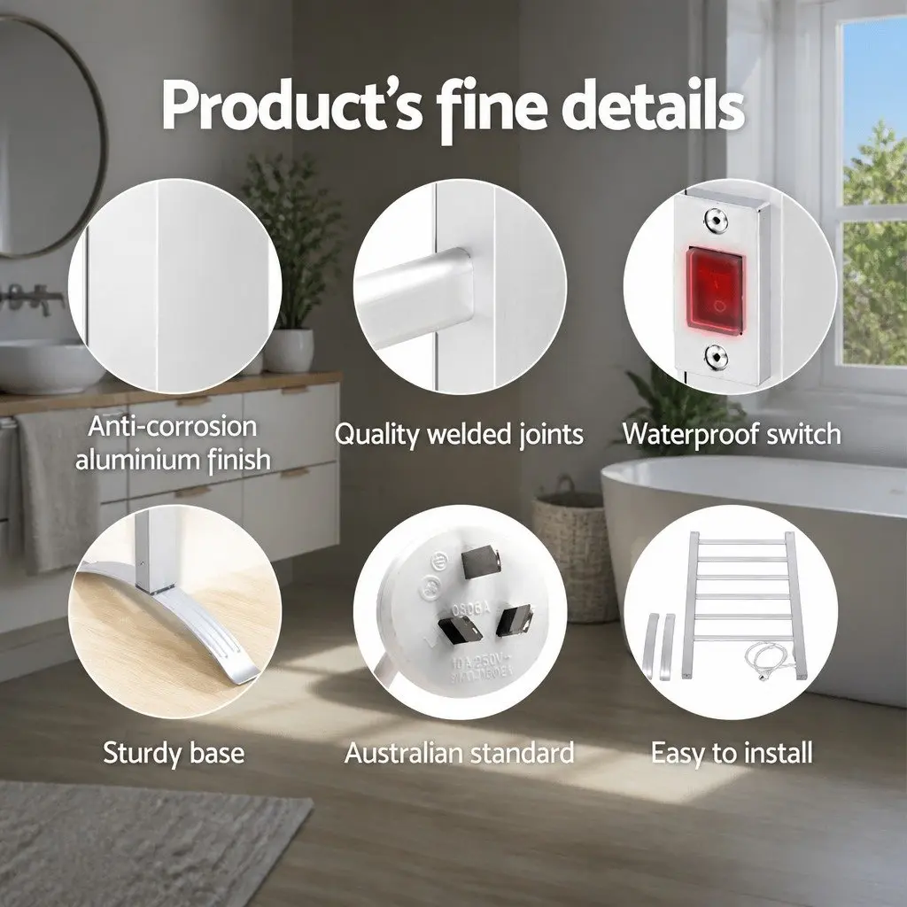 Electric Heated Towel Rail Silver 6 Bars Freestanding Quick Drying Clothes Warmer