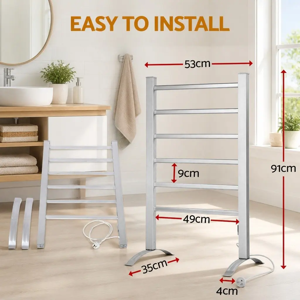 Electric Heated Towel Rail Silver 6 Bars Freestanding Quick Drying Clothes Warmer