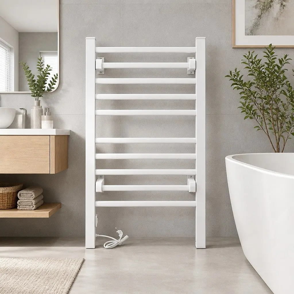 Electric Heated Towel Rail Silver 10 Bars Freestanding Rapid Heating Constant Temperature 40 to 50 Degrees