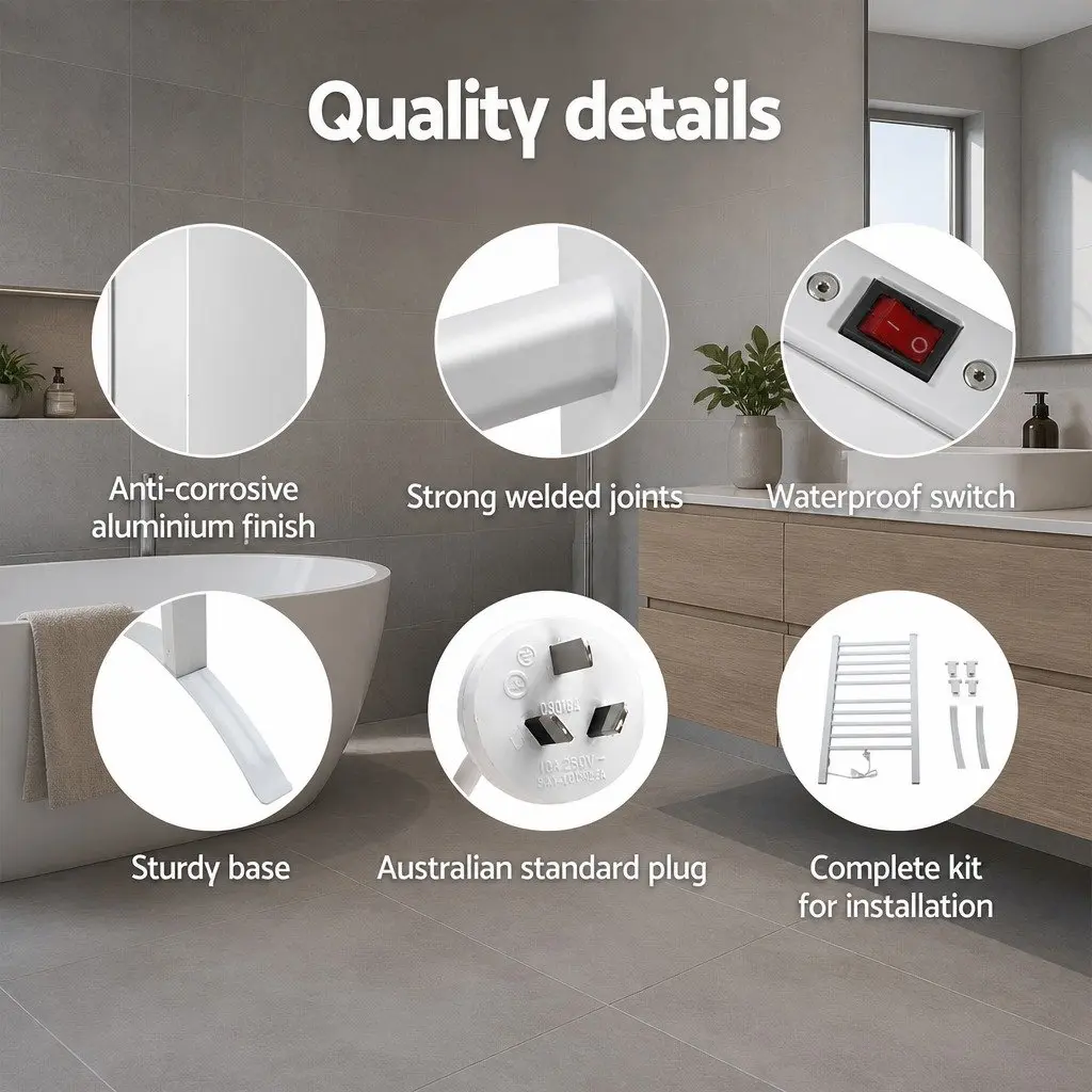 Electric Heated Towel Rail Silver 10 Bars Freestanding Rapid Heating Constant Temperature 40 to 50 Degrees