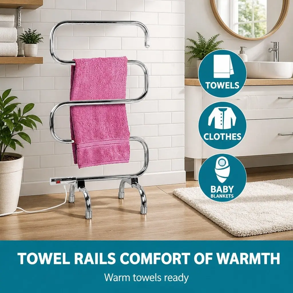 Electric Heated Towel Rail Rack Silver 5 Bars Freestanding Quick Heat Up 40 50°C