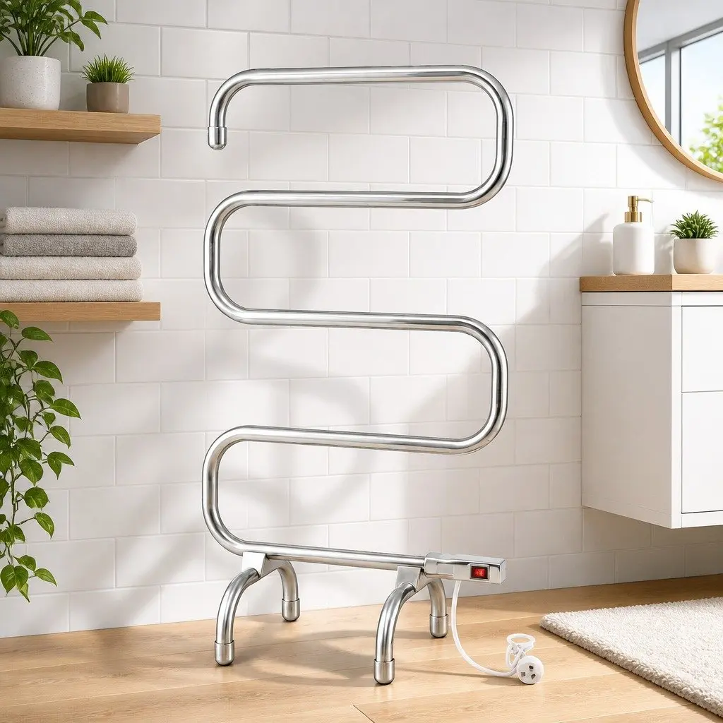 Electric Heated Towel Rail Rack Silver 5 Bars Freestanding Quick Heat Up 40 50°C