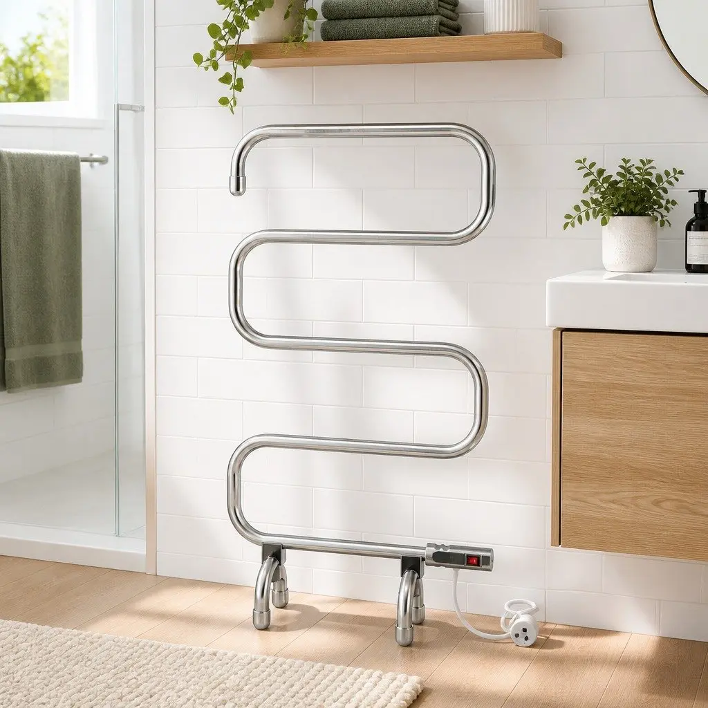 Electric Heated Towel Rail Rack Silver 5 Bars Freestanding Quick Heat Up 40 50°C