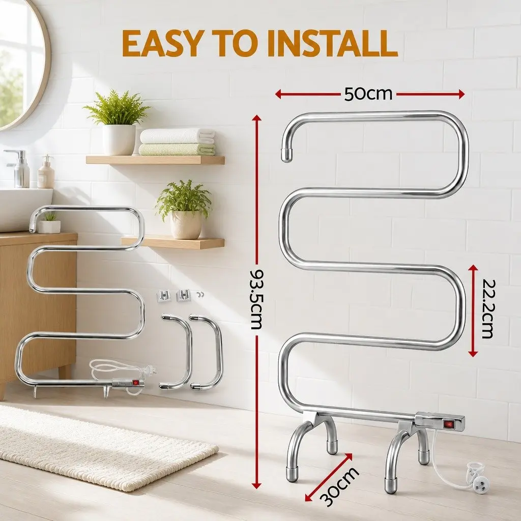 Electric Heated Towel Rail Rack Silver 5 Bars Freestanding Quick Heat Up 40 50°C