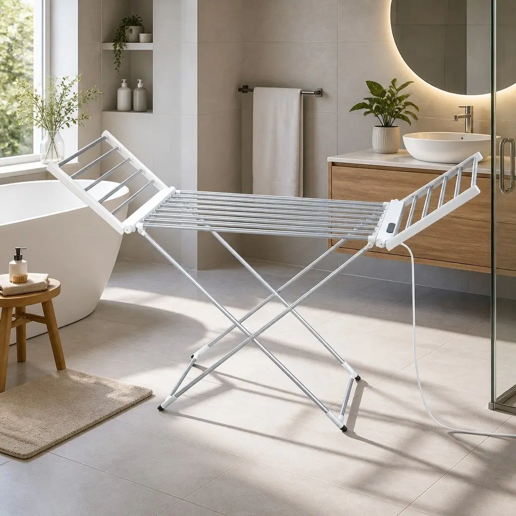 Electric Heated Towel Rail Silver 18 Rods Foldable Portable Clothes Drying Stand