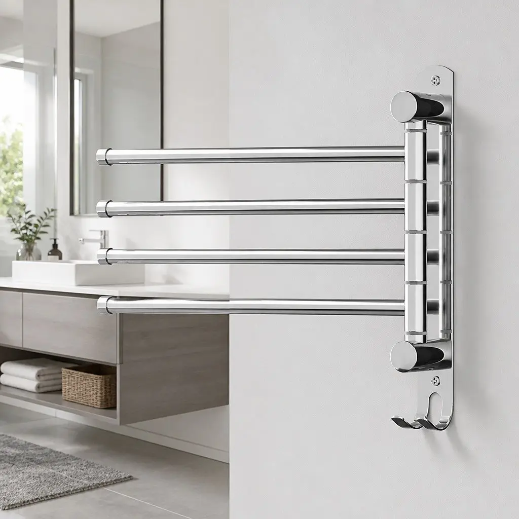 Stainless Steel Towel Rail Silver 4 Bars Swivel Wall Mounted Bathroom Holder