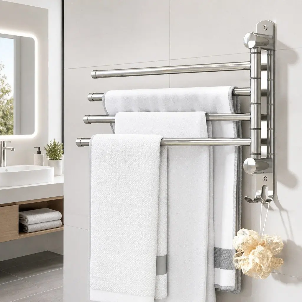 Stainless Steel Towel Rail Silver 4 Bars Swivel Wall Mounted Bathroom Holder