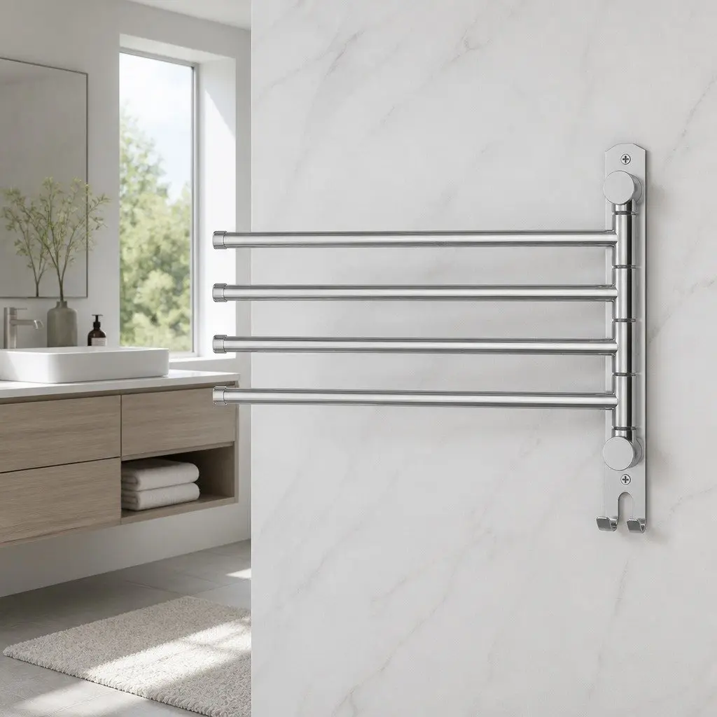 Stainless Steel Towel Rail Silver 4 Bars Swivel Wall Mounted Bathroom Holder