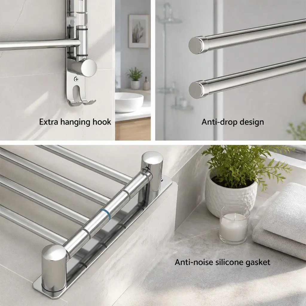 Stainless Steel Towel Rail Silver 4 Bars Swivel Wall Mounted Bathroom Holder