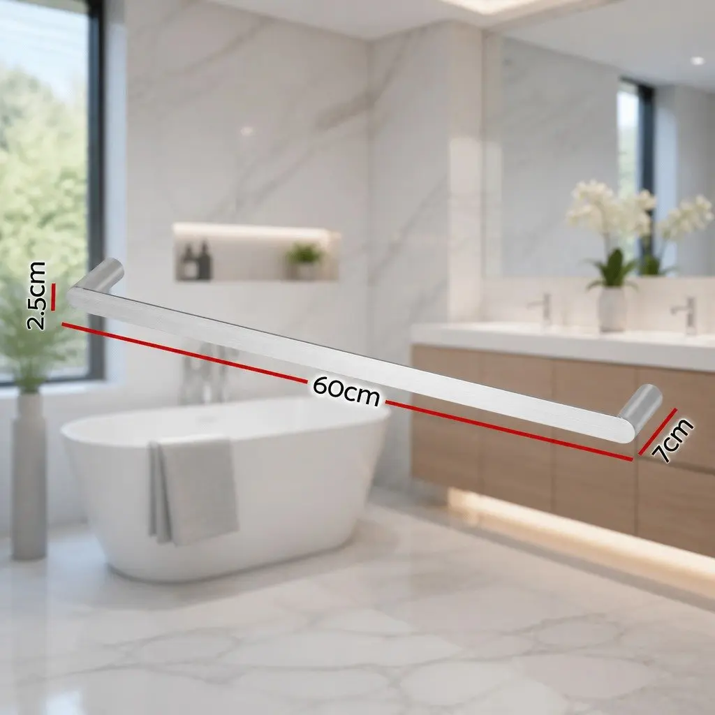 Towel Rack Wall Mounted Silver 600mm Brushed Chrome Rust Resistant