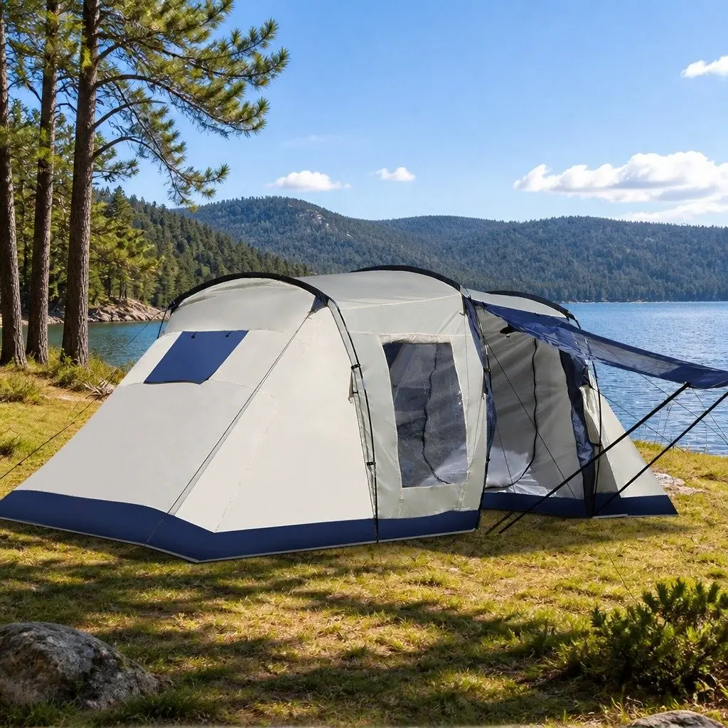 Camping Tent Blue Large 6-8 Person Waterproof 2 Bedroom Outdoor Hiking Shelter