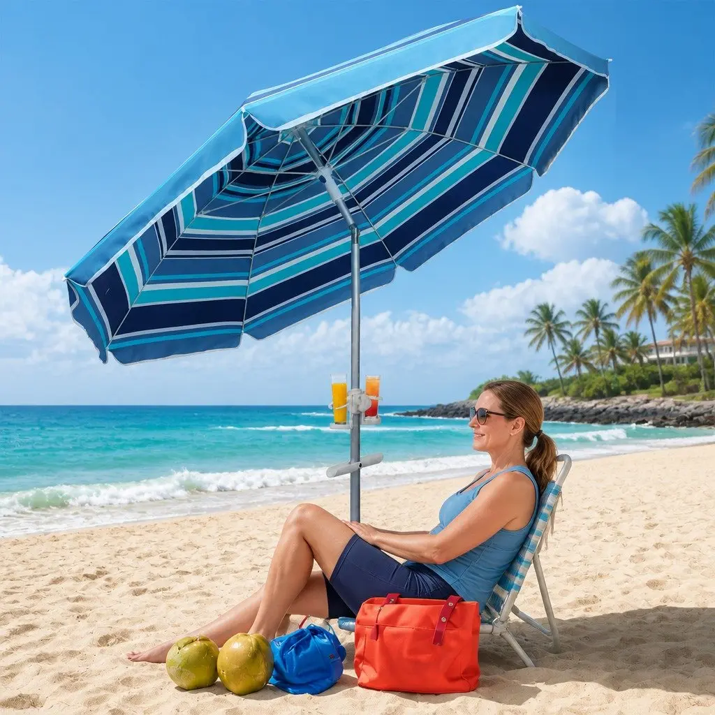 Beach Umbrella Blue 2M Portable UV Protection Tiltable Canopy Outdoor