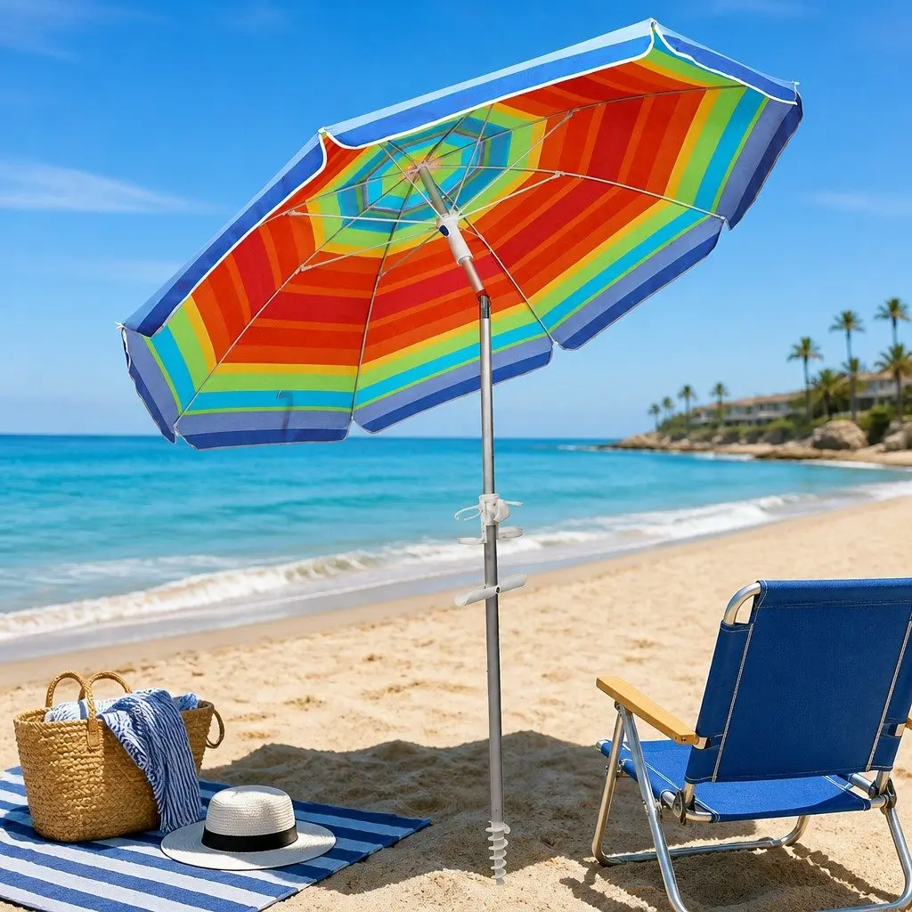 Beach Umbrella Colorful 2M Tiltable Canopy Portable Outdoor Sun Shade