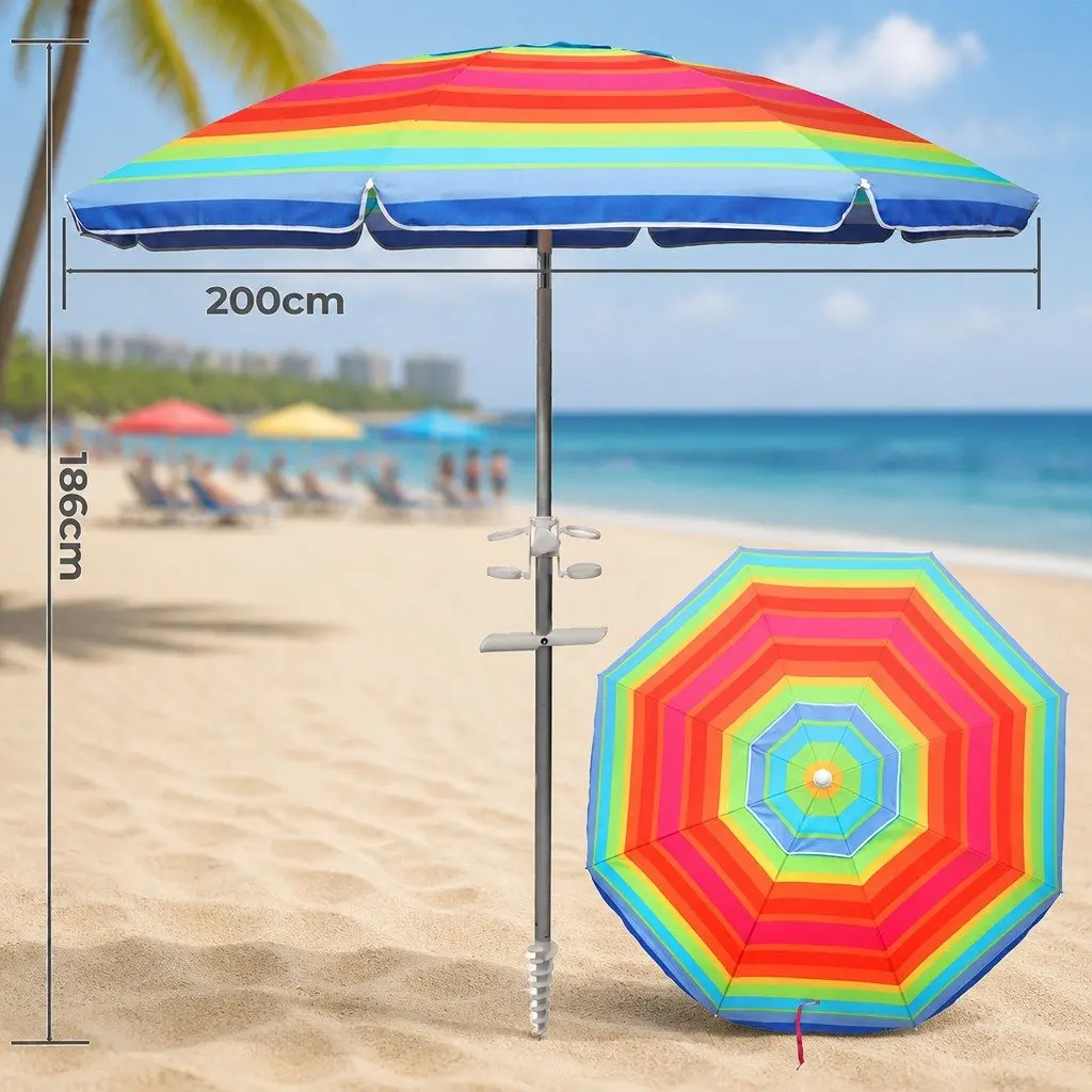 Beach Umbrella Colorful 2M Tiltable Canopy Portable Outdoor Sun Shade