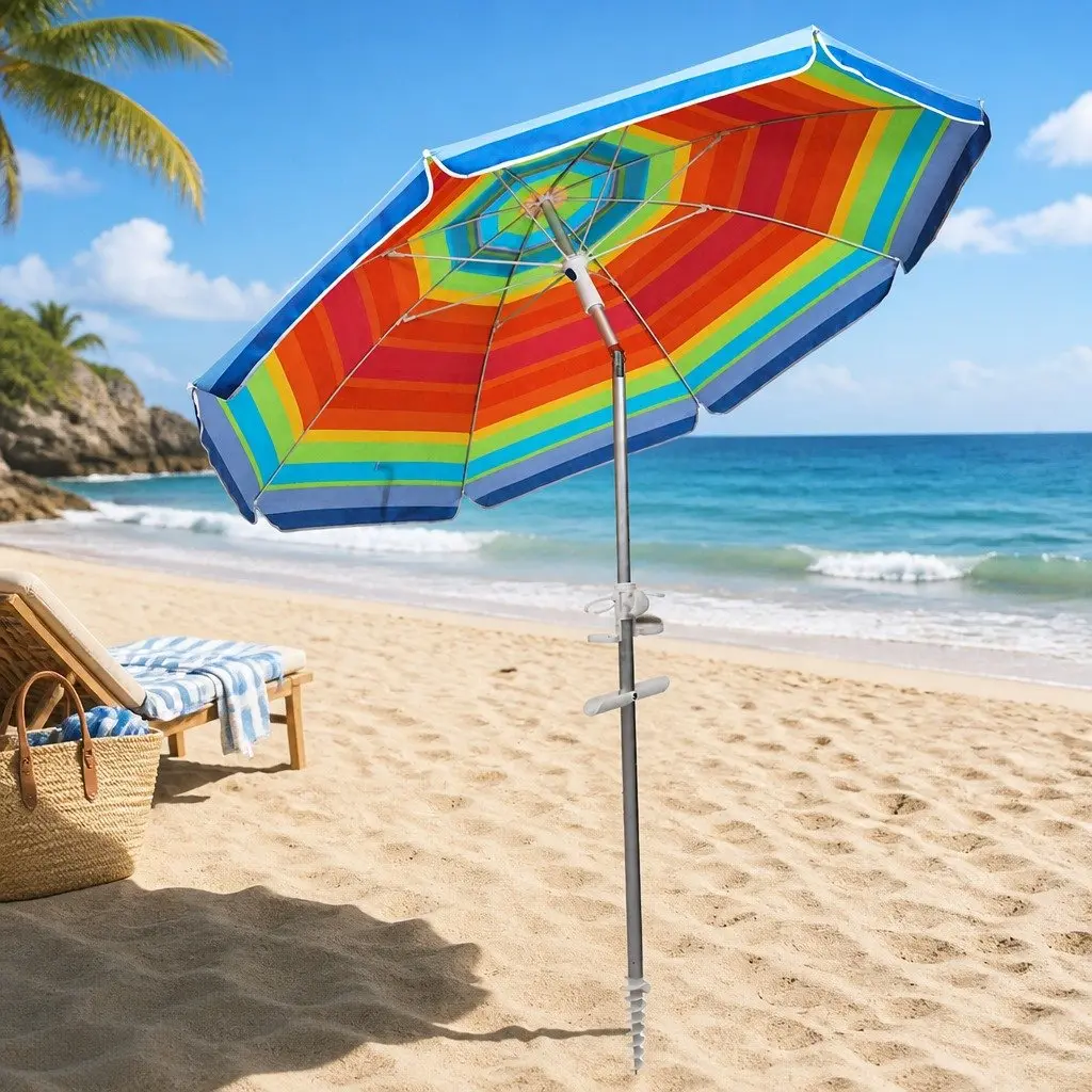 Beach Umbrella Colorful 2.2M Portable UV Protection with Tiltable Canopy and Sand Anchor