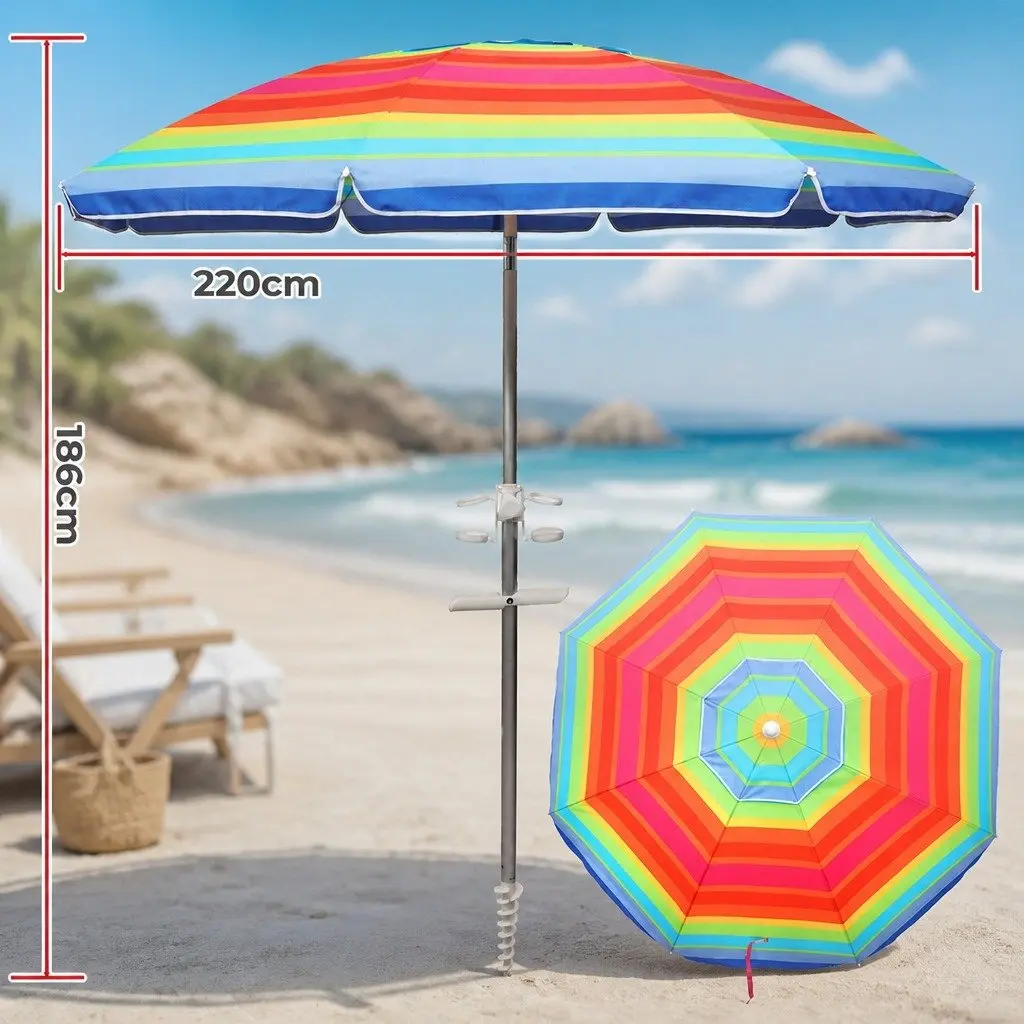Beach Umbrella Colorful 2.2M Portable UV Protection with Tiltable Canopy and Sand Anchor