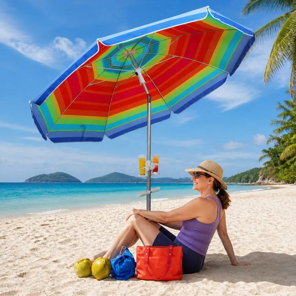 Beach Umbrella Colorful 2.2M Portable UV Protection with Tiltable Canopy and Sand Anchor