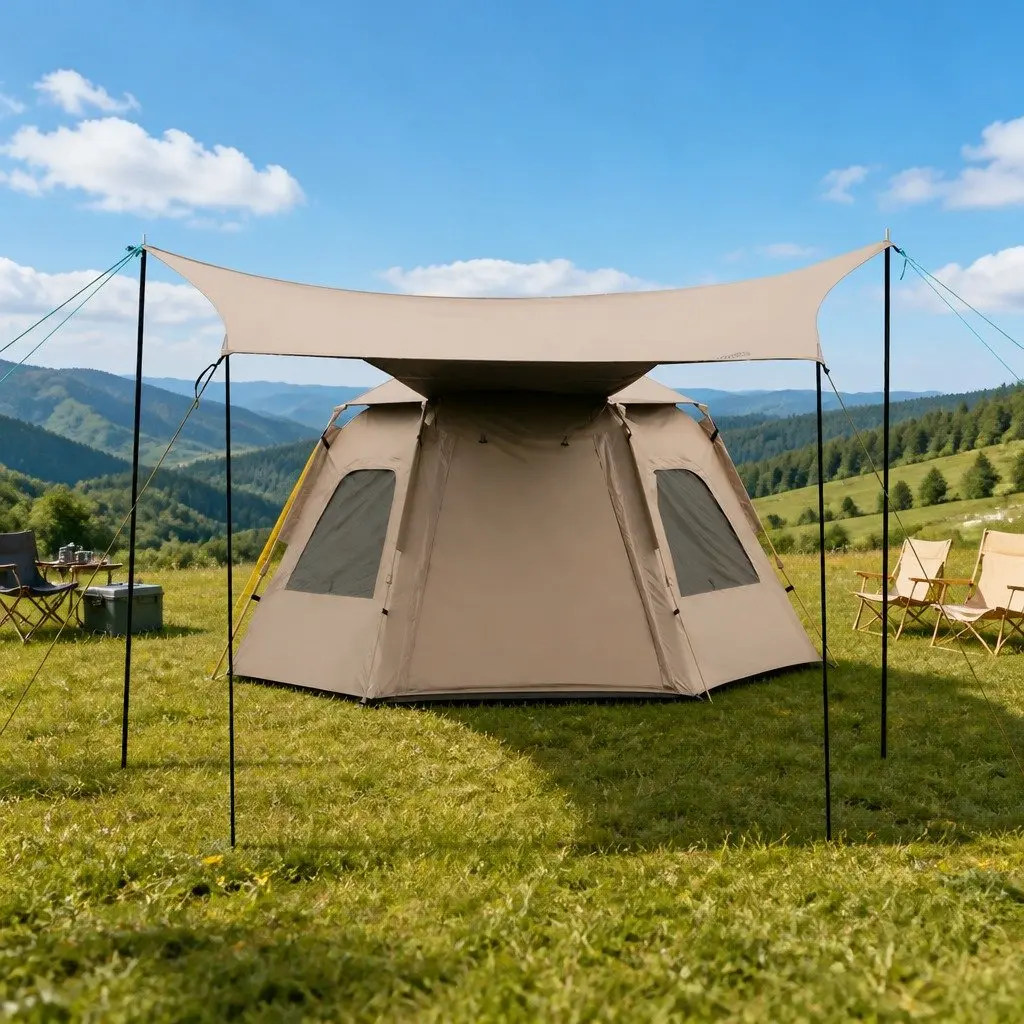 Pop Up Camping Tent Beige 3-4 Person Quick Setup Outdoor Shelter with Awning