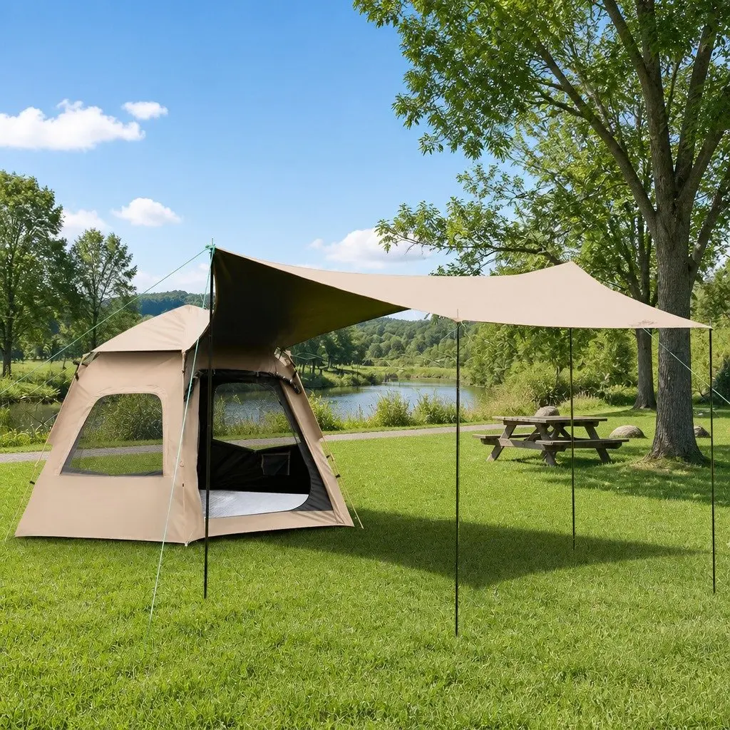 Pop Up Camping Tent Beige 3-4 Person Quick Setup Outdoor Shelter with Awning