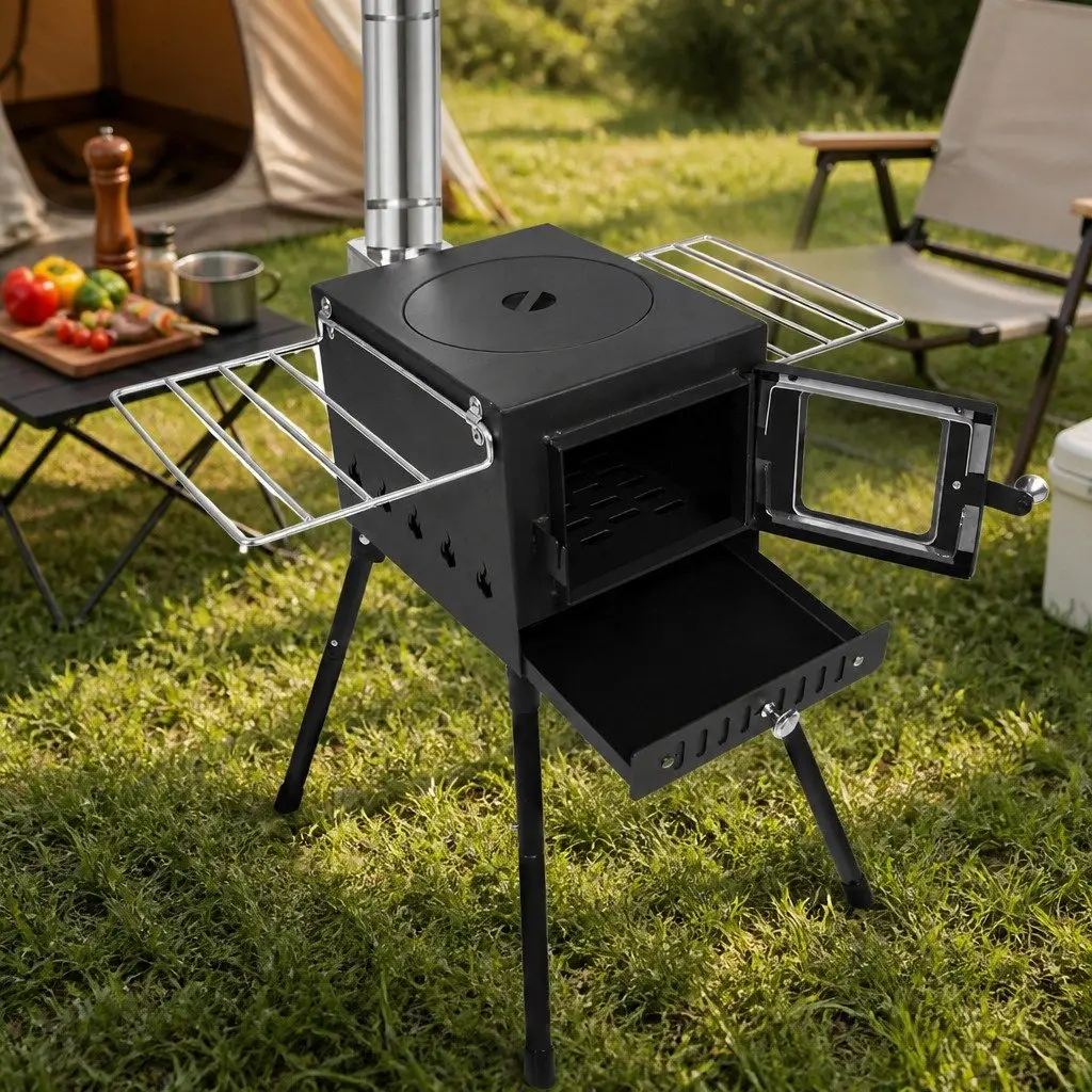 Portable Camping Oven Black Foldable Legs Glass Panel Door Charcoal Wood Burning Grill