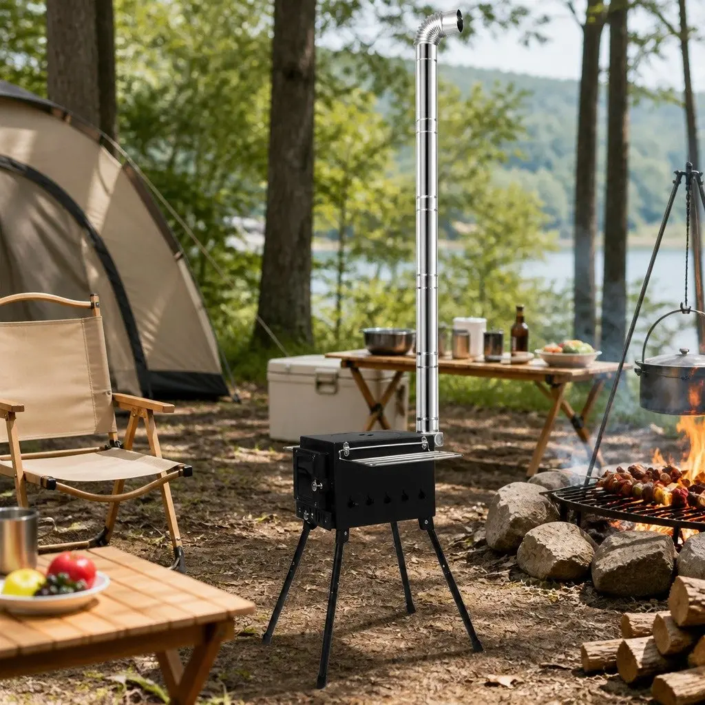 Portable Camping Oven Black Foldable Legs Glass Panel Door Charcoal Wood Burning Grill
