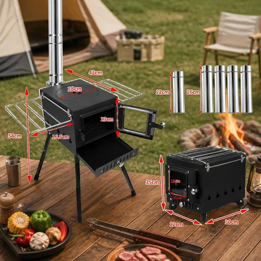 Portable Camping Oven Black Foldable Legs Glass Panel Door Charcoal Wood Burning Grill