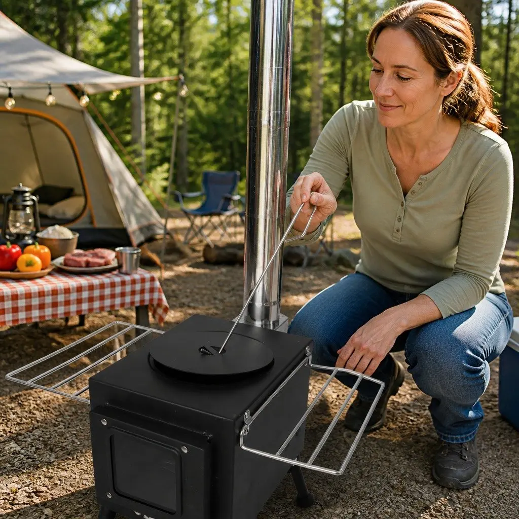 Portable Camping Oven Black Foldable Legs Glass Panel Door Charcoal Wood Burning Grill