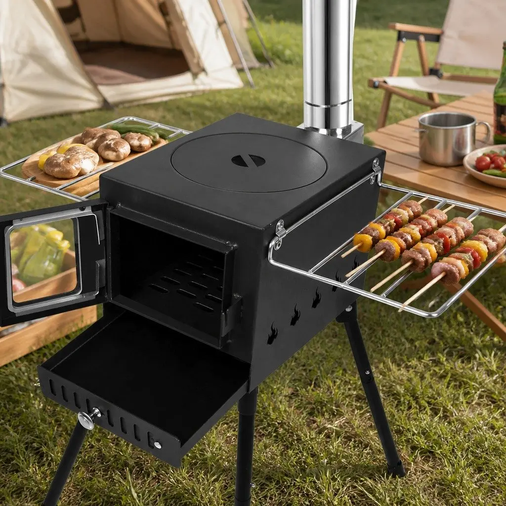 Portable Camping Oven Black Foldable Legs Glass Panel Door Charcoal Wood Burning Grill