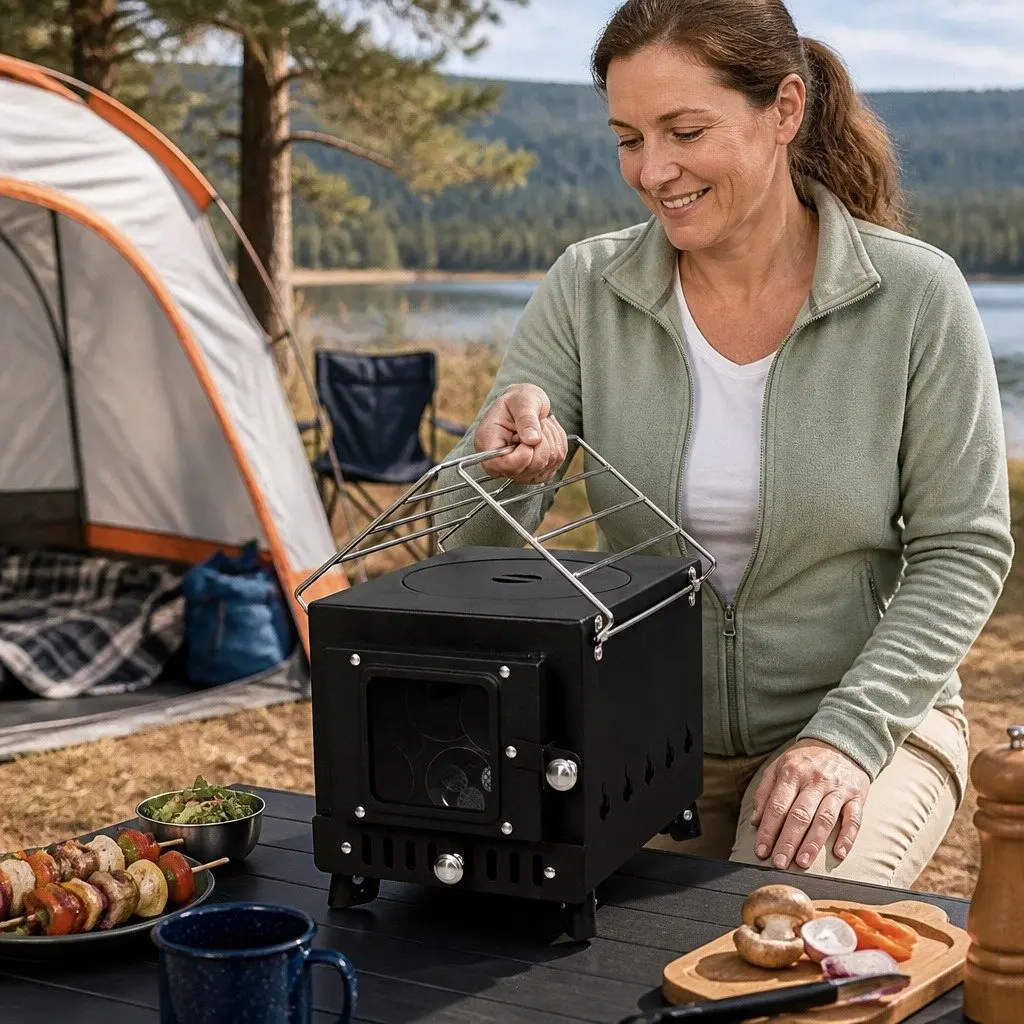 Portable Camping Oven Black Foldable Legs Glass Panel Door Charcoal Wood Burning Grill