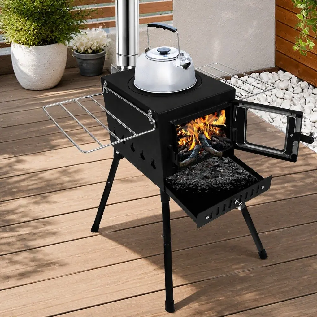 Portable Camping Oven Black Foldable Legs Glass Panel Door Charcoal Wood Burning Grill