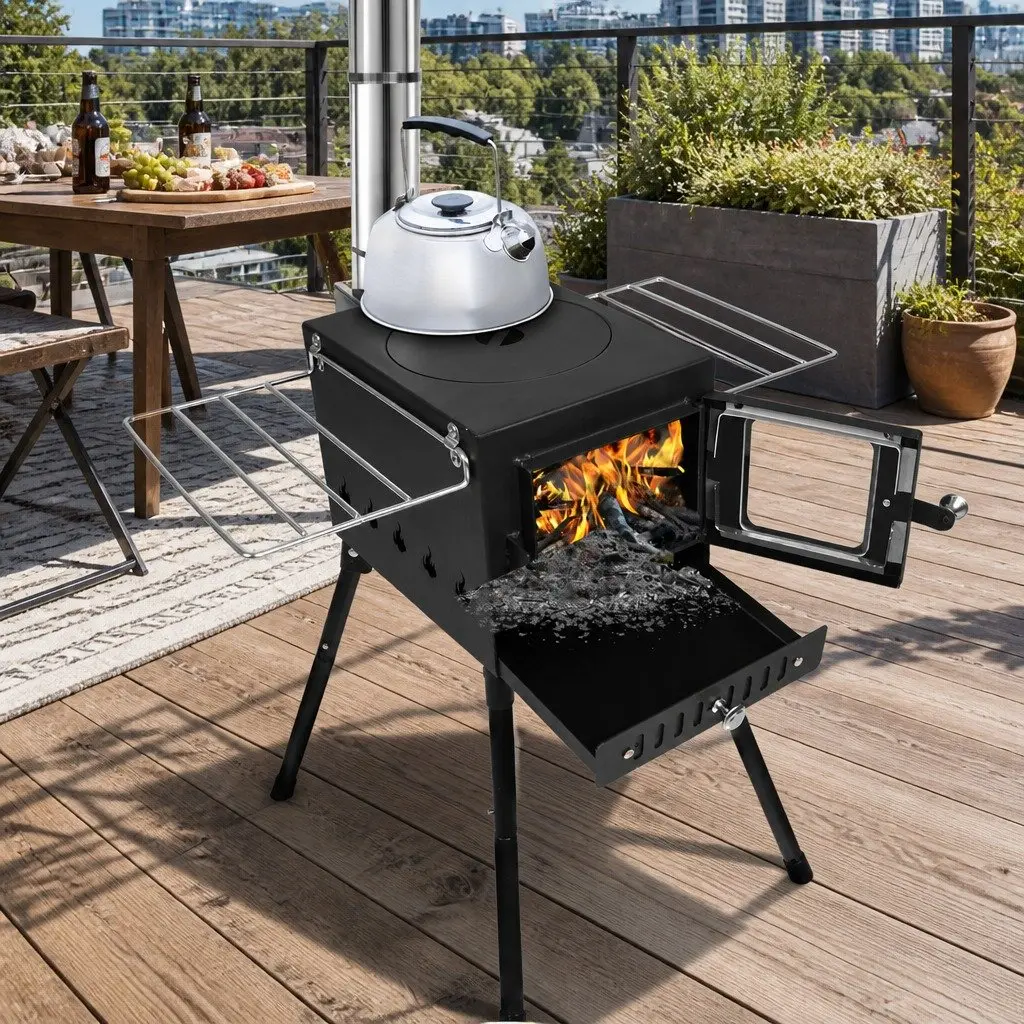 Portable Camping Oven Black Foldable Legs Glass Panel Door Charcoal Wood Burning Grill