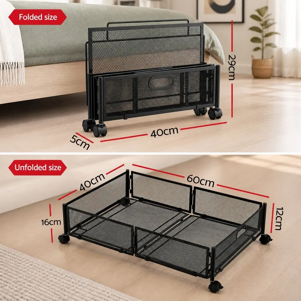 Under Bed Storage Containers Black Set of 2 Metal Boxes Organiser with Wheels