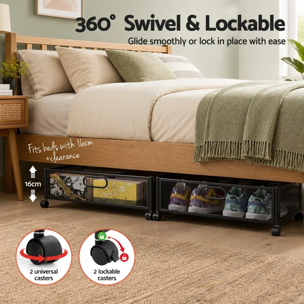 Under Bed Storage Containers Black Set of 2 Metal Boxes Organiser with Wheels