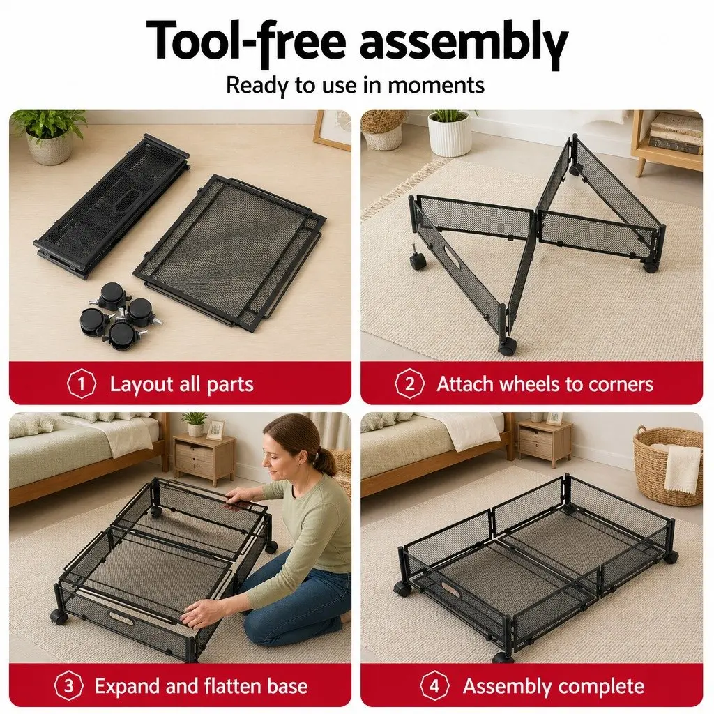 Under Bed Storage Containers Set of 4 Metal Boxes with Wheels Bedroom Organiser