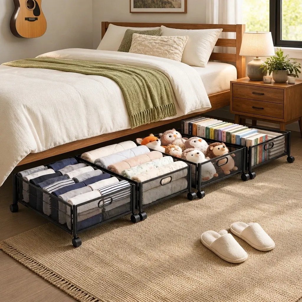 Under Bed Storage Containers Set of 4 Metal Boxes with Wheels Bedroom Organiser