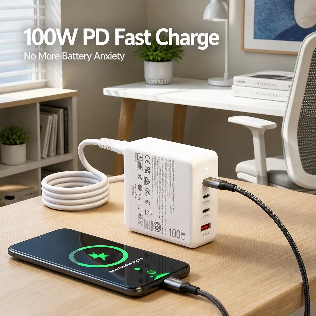 USB C Charger White 4 Port 100W Fast Charging Station with GaN Technology