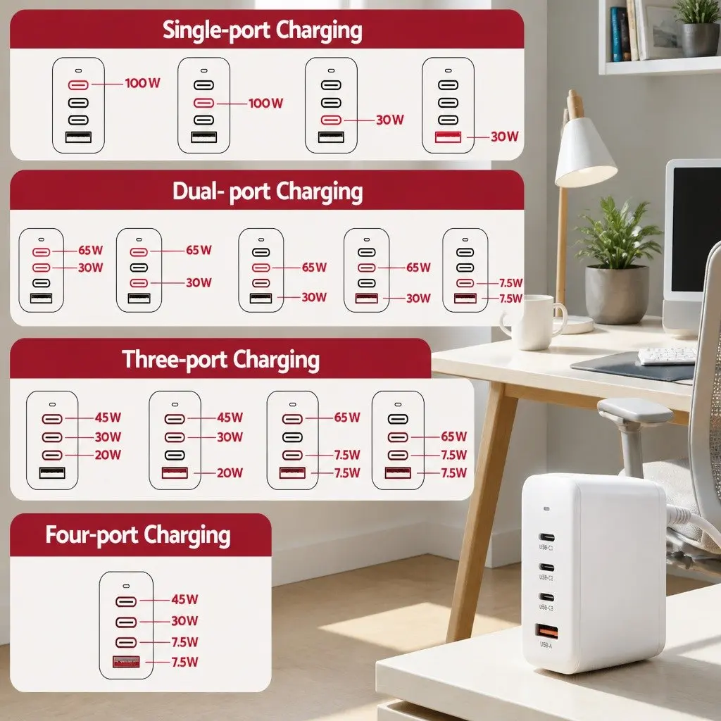 USB C Charger White 4 Port 100W Fast Charging Station with GaN Technology