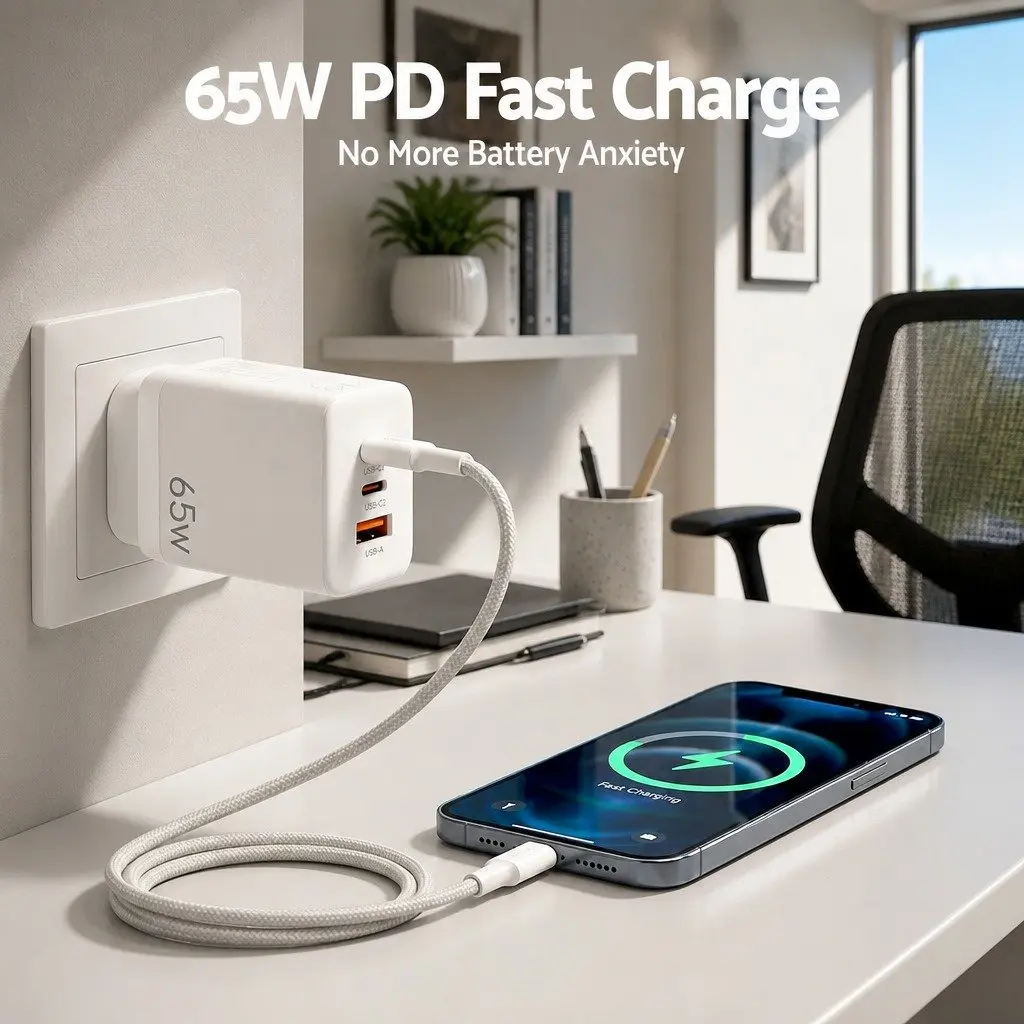 USB C Wall Charger 65W Fast Charging 3 Port PD Adapter Travel Power Block White