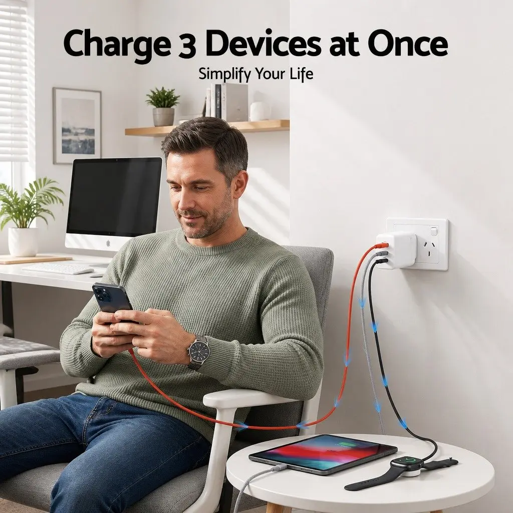 USB C Wall Charger 65W Fast Charging 3 Port PD Adapter Travel Power Block White