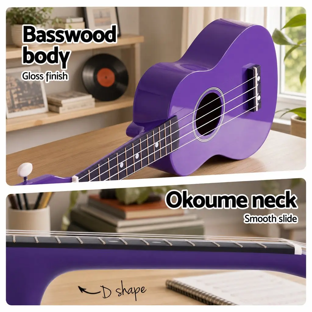Soprano Ukulele Purple 21 Inch Gloss Finished Basswood Body Beginner Instrument