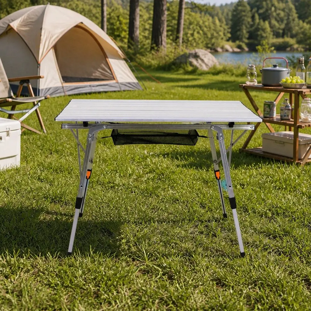 Camping Table Silver Adjustable Height Portable Roll Up Folding with Carry Bag