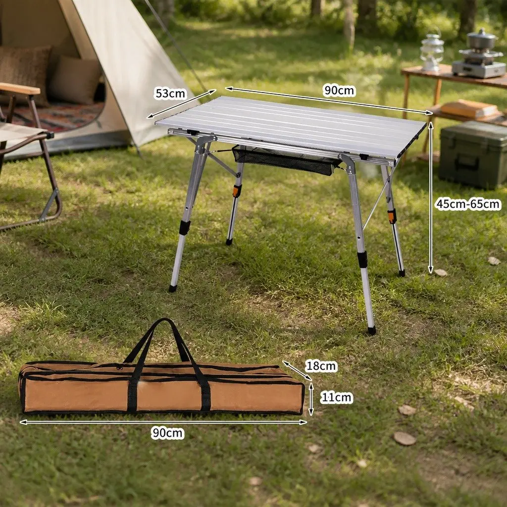 Camping Table Silver Adjustable Height Portable Roll Up Folding with Carry Bag
