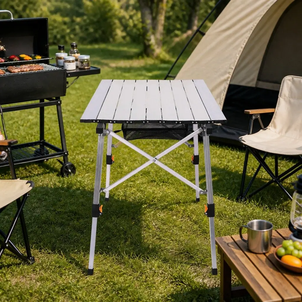 Camping Table Silver Adjustable Height Portable Roll Up Folding with Carry Bag