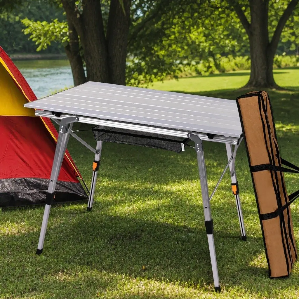 Camping Table Silver Adjustable Height Portable Roll Up Folding with Carry Bag