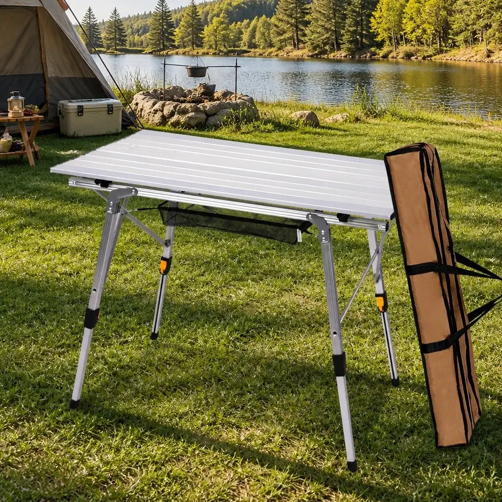 Camping Table Silver Adjustable Height Portable Roll Up Folding with Carry Bag